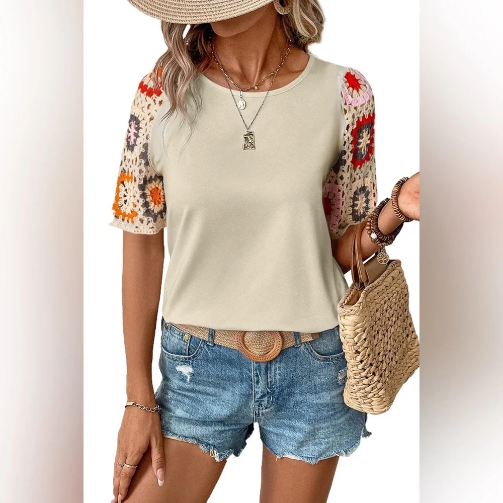 Parchment Floral Crochet Short Sleeve Top Bohemian Blouse